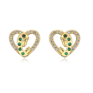 Detailed close-up of 18K gold plated heart earrings with zircon Virgin Mary design