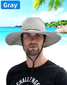 Vue détaillée d'un chapeau de soleil gris à large bord avec mentonnière réglable pour homme