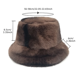 Winter plush faux fur bucket hat in dark brown with detailed size measurements
