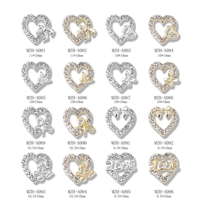 Bow and heart alloy nail art charms set with rhinestones and Love letter designs