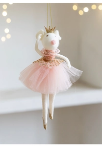 Felt mouse hanging ornament detail, featuring pink tutu skirt and gold crown for decor.