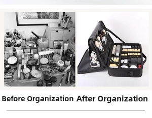 Comparison showing large oxford cosmetic bag organizing messy makeup into neat dividers