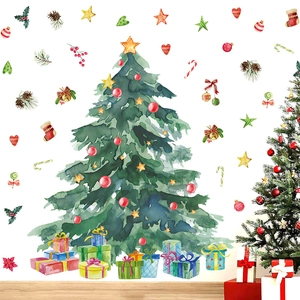 Watercolor Christmas tree wall decal with red ornaments and gold star for home wall decor