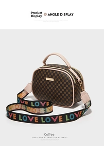 Close-up of coffee brown circular handbag featuring vintage geometric patterns and LOVE strap