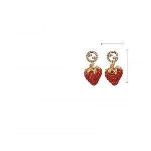 Detailed size specifications for strawberry drop earrings with crystal logo and silver pins