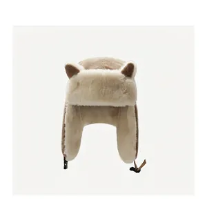 Women Winter Lei Feng Hat Faux Fur Lined Ear Protection Cute Cat Ears Warm Windproof Corduroy Knit Outdoor Trapper Hat