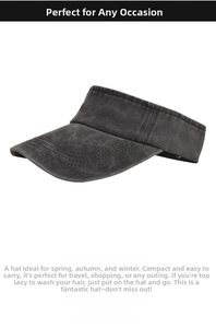 Detail view of washed denim sun visor with reinforced stitching and vintage grey finish