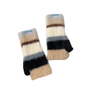 Colorful striped plush fingerless knit gloves for women featuring a soft DORIA DORE label