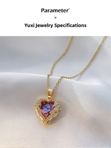 Macro view of heart-shaped purple crystal pendant with micro-pave white zircon setting