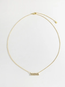 Detail of gold letter MAMA necklace with pavé cubic zirconia and lobster clasp closure