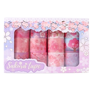 Pink sakura theme washi tape set including twelve rolls of floral patterns in a window box