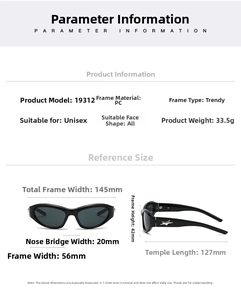 Detailed size chart for vintage small frame sunglasses with precise PC frame measurements