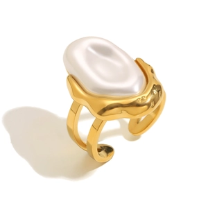 Elegant 18K gold plated stainless steel open ring with baroque pearl in molten texture