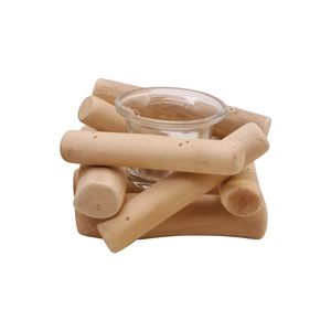 Portacandele rustico in legno con cornice quadrata e inserto in vetro trasparente
