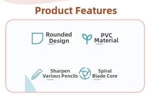 Features of cat paw sharpener showing PVC material, spiral blade, and pencil compatibility