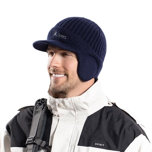 Navy blue winter knit beanie with visor and ear protection for outdoor sports