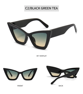 Detailed multi-view of black cat-eye sunglasses with gradient green tea lenses