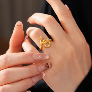 Elegant gold plated snake ring with diamonds, adjustable wrap design for women