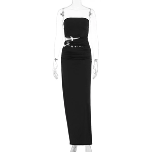 Detail view of black bodycon maxi dress with waist cut-outs and subtle ruching detail