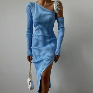 Light blue rib-knit one-shoulder dress with feather trim and side split