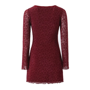 Elegant wine red square neck long sleeve lace bodycon mini dress for women