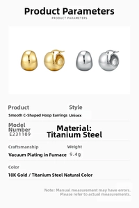 Detailed view of C-shaped 18K gold and silver titanium steel hoop earrings with specs
