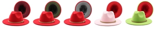Detail view of various bicolor wool fedora hats with leather bands and metal buckles