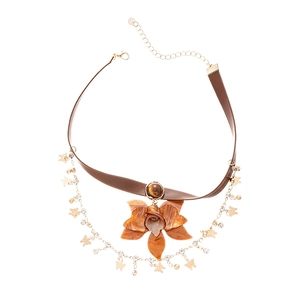 Vintage choker necklace with amber resin flower, gold butterfly charms and fringe