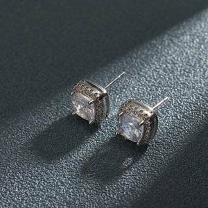 Fashionable square zircon stud earrings with silver finish and micro-pave setting