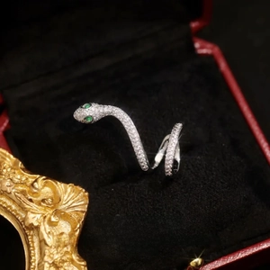 Détail macro d'une bague serpent avec pavé de zircons blancs et yeux en gemmes vertes