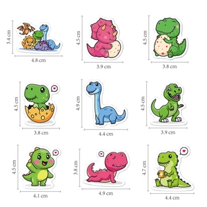 Set of 9 waterproof cartoon dinosaur stickers for kids with size measurements
