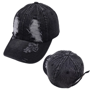 Detailed view showing front and back of distressed black washed denim baseball cap