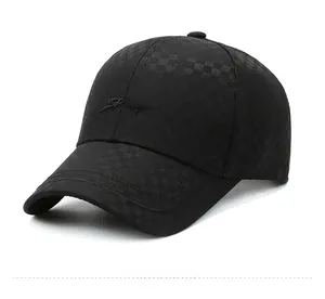 Close-up of black plaid baseball cap featuring detailed Sport embroidery on the front