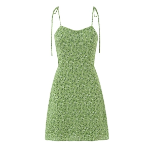 Robe Cami Fleurie Été Femmes Polyester Sans Manches Bretelles À Nouer Dos Froncé Décontracté Doux Mini Trapèze Vert