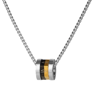 Detailed macro view of tricolor cylindrical pendant with Roman numerals on steel chain