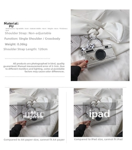 Detailed specs of the silver camera-shaped crossbody bag with dimensions 18x10x5cm