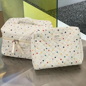 Quilted cotton cosmetic bag set with colorful polka dots and sturdy handles