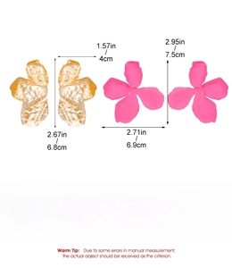 Detailed size chart for large matte rose pink and gold textured metal floral earrings