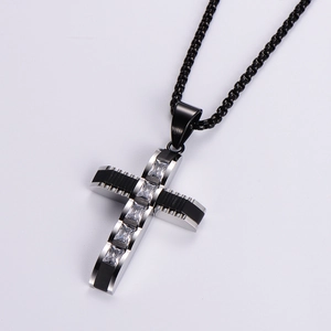 Hip hop stainless steel cross pendant necklace with black silver inlay and crystals