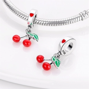 Silver 925 cherry charms with red enamel and green leaves for DIY jewelry making