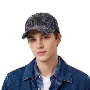 Distressed Washed Denim Baseball Cap With Colorful Frayed Holes Vintage Streetwear Adjustable Sunshade Trucker Hat For Unisex