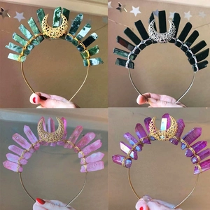 Detailed views of handmade raw crystal crown headbands with crescent moon accents in four colors