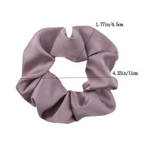 Detailed view of mauve silk satin scrunchie showing 4.33in diameter and 1.77in band width