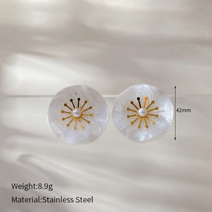Detail of 42mm flower stud earrings showing stainless steel material and pearl center