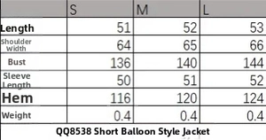 Détails du guide des tailles pour la veste courte style ballon avec mesures précises