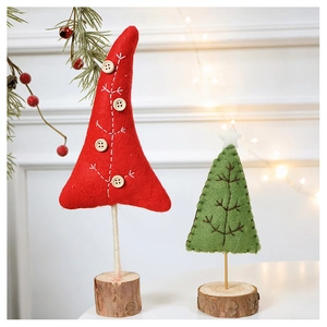 Handmade wool felt Christmas tree desk ornaments with natural wood base in red and green