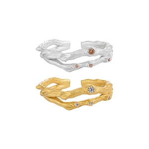 Artistic branch-shaped silver rings with wood texture and zircon in gold and silver