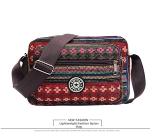 Detail of colorful ethnic stripe Oxford fabric bag with durable texture and adjustable strap