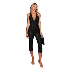 Sexy black sequin halter neck jumpsuit with deep V-neck and slim fit for party