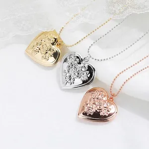 Heart Locket Necklace With Rose Relief Stainless Steel Copper Photo Holder Vintage Romantic Jewelry For Women